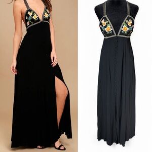 Lulus Black Embroidered Maxi Dress Coachella Hippie Floral Spring 70s Festival M